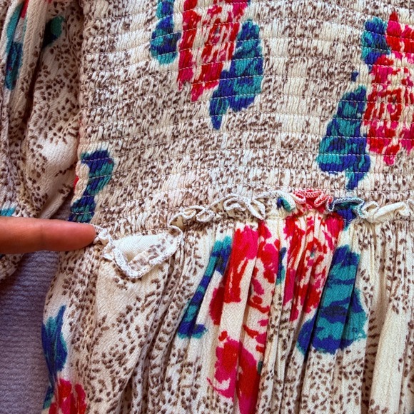 Free People Floral Boho Smocked Mini Dress Balloon Sleeve Size L Whimsical Retro - Picture 9 of 13